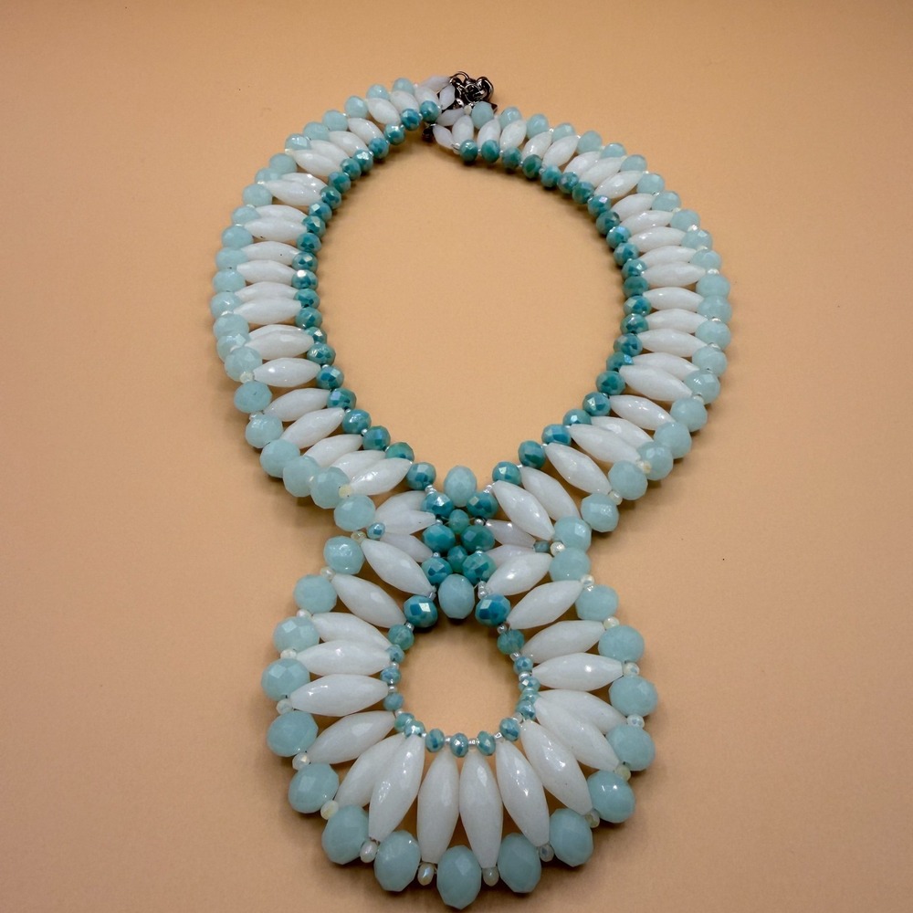 White Aqua Beaded Statement Necklace Bib Collar Chunky Faceted Boho Jewelry